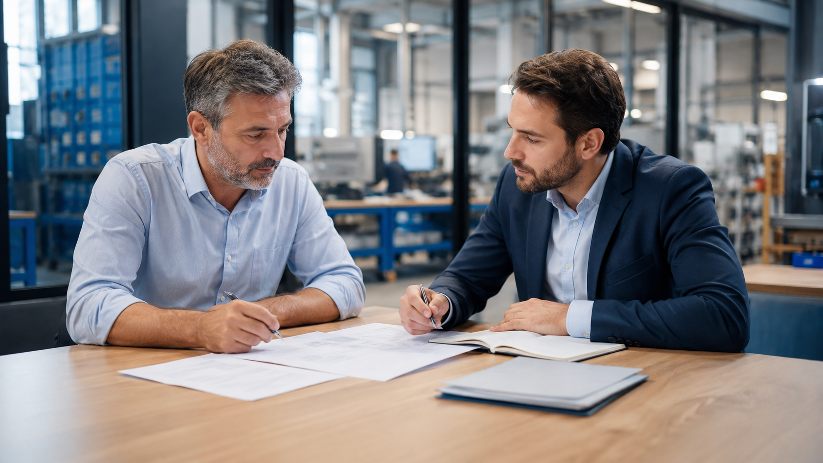 &Eacute;change entre dirigeants dans un atelier industriel