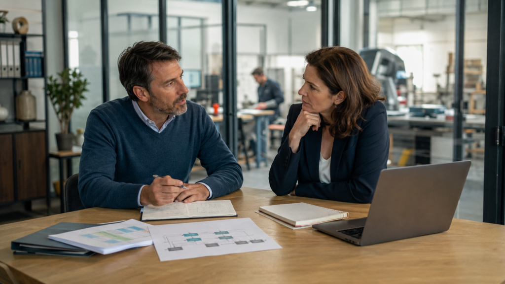 Dirigeant cédant et repreneur échangeant dans une PME autour de la transmission et de la continuité de l’entreprise